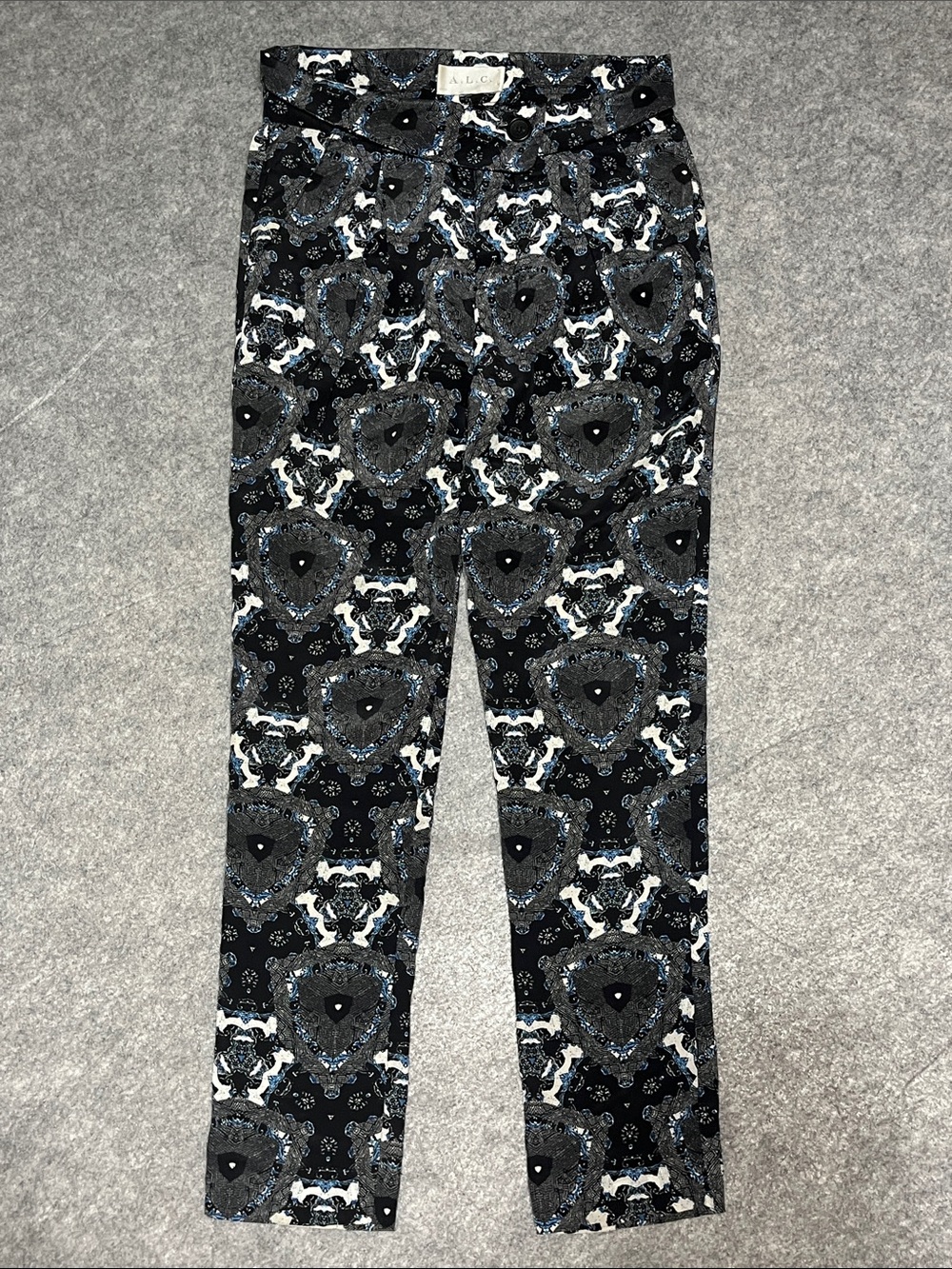 A.L.C. Geometric Black, Blue & White Patterned Silk Trousers